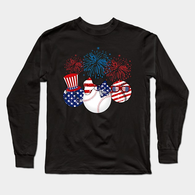 Baseball American Flag Fireworks Long Sleeve T-Shirt by Flavie Kertzmann